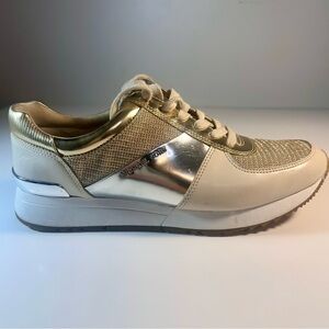 Michael Kors Women's Allie Glitter Mesh Chain Leather Trainers Tan/Gold Size 8